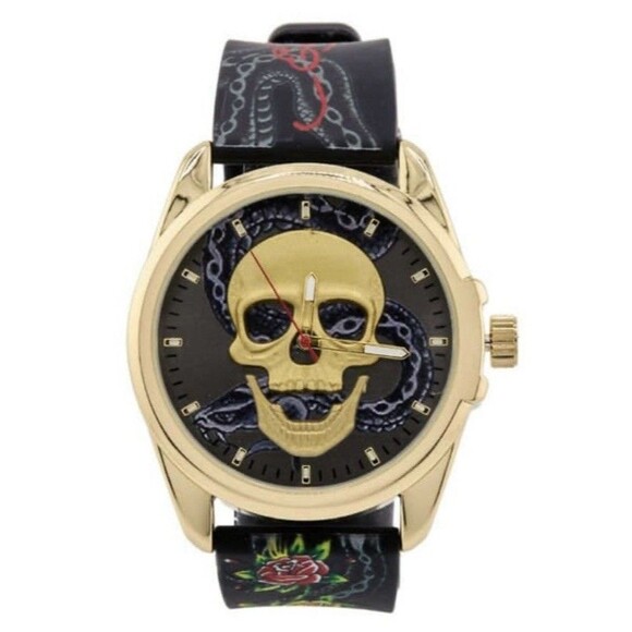 Ed Hardy Men’s Gold Skullface Watch  New In Box  Graphic Silicone Strap - Picture 1 of 4